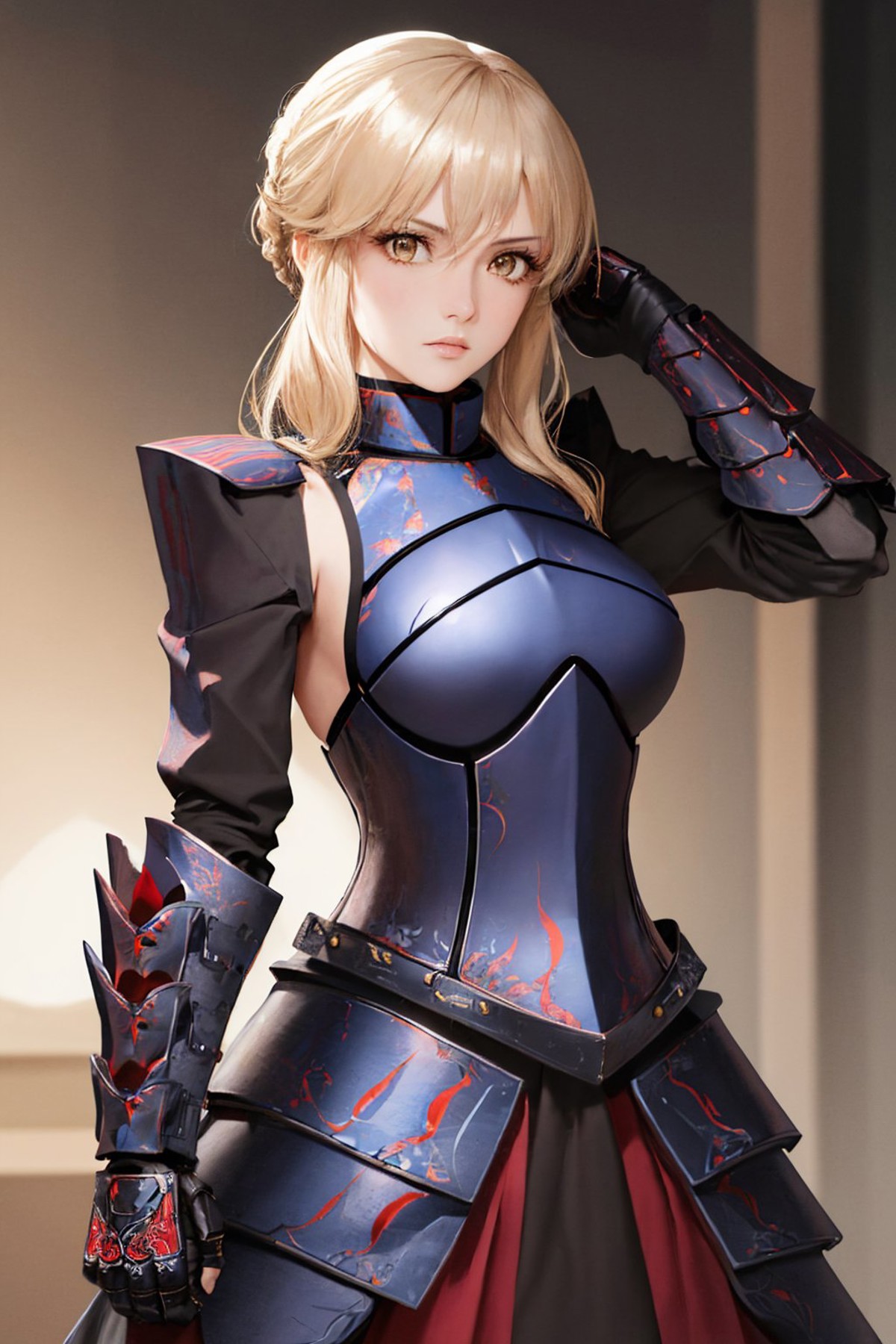 (masterpiece, best quality:1.2), solo, 1girl, sabaltarmor, serious, looking at viewer, armored dress, gauntlets <lyco:fate...